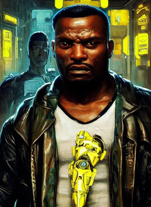 Prompt: Chidi Igwe. Buff Cyberpunk policeman with robotic legs. (Cyberpunk 2077, bladerunner 2049). handsome face. Iranian orientalist portrait by john william waterhouse and Edwin Longsden Long and Theodore Ralli and Nasreddine Dinet, oil on canvas. Cinematic, vivid colors, hyper realism, realistic proportions, dramatic lighting, high detail 4k