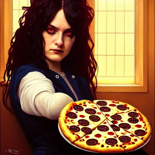 Image similar to portrait of teenage goth wynonna ryder flipping a pizza in the air in a dominos pizza, intricate, headshot, highly detailed, digital painting, artstation, concept art, sharp focus, cinematic lighting, illustration, art by artgerm and greg rutkowski, alphonse mucha, cgsociety