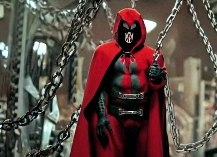 Image similar to film still of jamie foxx as spawn in the new spawn movie, giant chains, large cape, 8 k