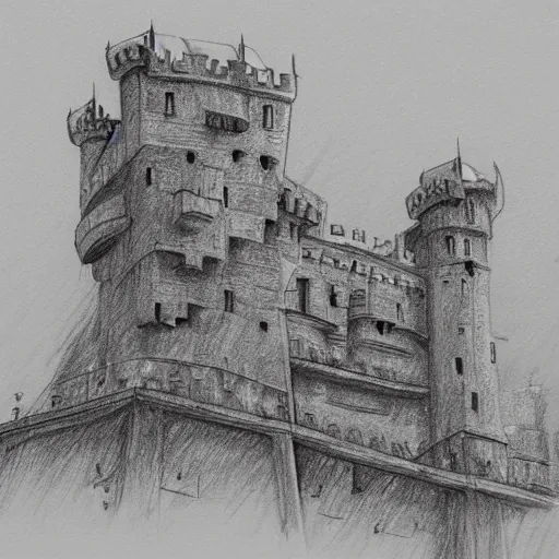 Illustration of a castle on a mountain, view from above, view from far  away, sketchbook, sketch, there is a dirt path leading towards the castle  walls, realistic concept art, pencil drawing on