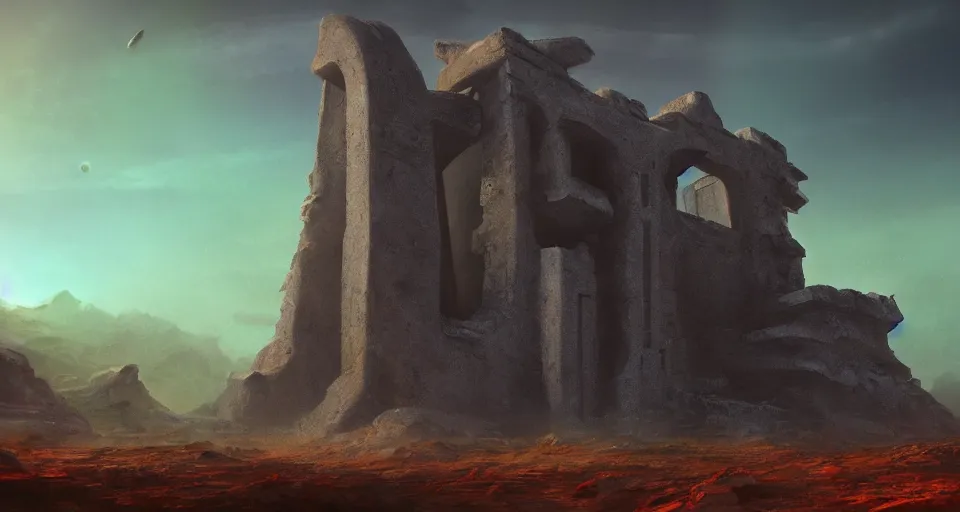 Prompt: ruins of an alien monolithic monument to the true prophet on Jupiter, vivid colors, matte painting, 8K, concept art, mystical color scheme, trending on artstation