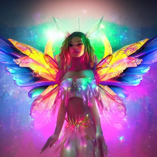 Prompt: cyberpunk fairy princess, galaxy wings, woodland grove, neon wings beautiful colorful pretty artistic 4 k artstation trending dramatic lighting realistic floral garden blooming flowers