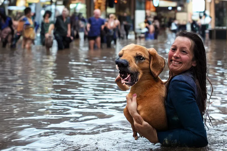 Image similar to closeup portrait of a woman carrying a dog over her head in a flood in Rundle Mall in Adelaide in South Australia, photograph, natural light, sharp, detailed face, magazine, press, photo, Steve McCurry, David Lazar, Canon, Nikon, focus