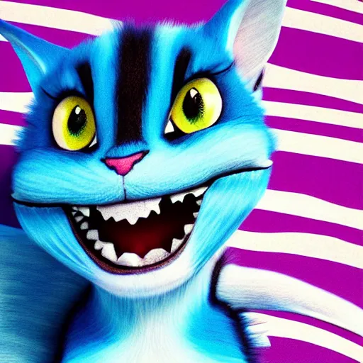 Prompt: cute blue striped cheshire cat. an adorable cat with light blue stripes, blue eyes and a big mischievous smile. stunning digital art by tom cross. fluffy, soft