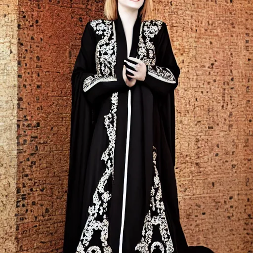 Prompt: A full body portrait of Emma Stone wearing Black Arabian khaleeji abaya Abaya, high quality, fully detailed, 4k