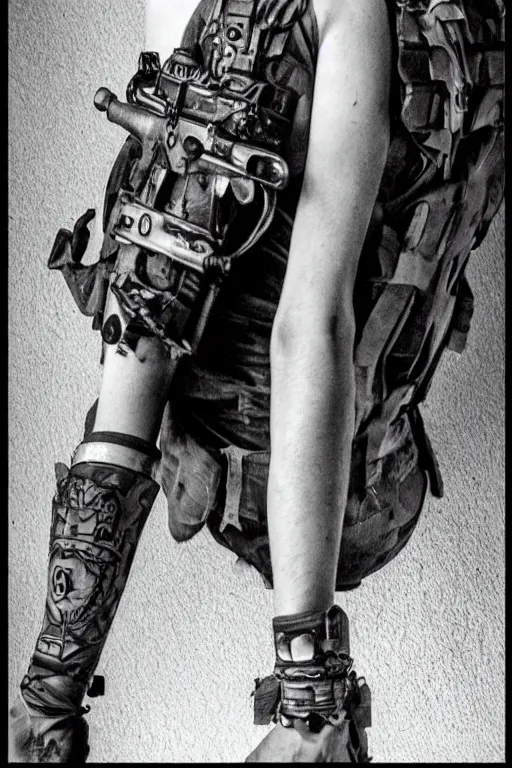 Image similar to a paranormal soldier, ouija tattoo on face, emp weapons strapped in shoulders, horror sci - fi black and white poster