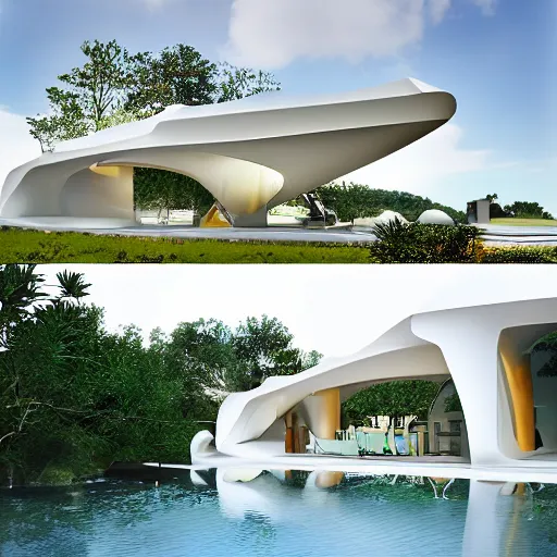 Image similar to evolving fractal, flowing white architectural Villa, futuristic 3D, voronoi pattern of a timber-frame pool pavilion with magnolias on the roof has its own guest entry and distinct areas for cooking, dining, and relaxing, the dining rotunda has a built-in pizza oven and a custom-designed table to accommodate eight to 16 people, the center section of the structure features the kitchen and bar, the lounge rotunda provides a covered seating area located adjacent to the fireplace, the pavilion’s ceiling has a floral motif that mimics a magnolia tree near the pool slide, sun rays through the pavilion structure, lush botanical trees, prairie landscaping, sunrise, golden hour, illuminated pool, fluffy clouds