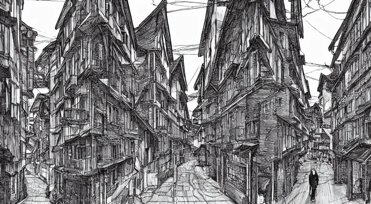 Image similar to lucerne streets by junji ito, trending on artstation