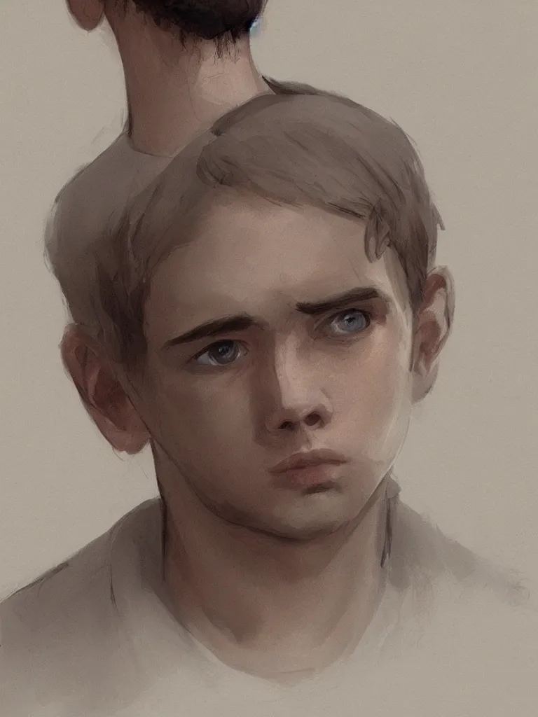 Image similar to beautiful sad boy portrait by Disney Concept Artists, blunt borders, rule of thirds