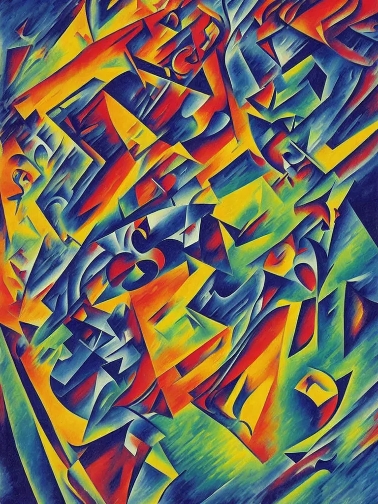 Prompt: a surreal neon painting of a locomotive in motion made of cubism futuristic boccioni, rooms in 3 point perspective by vladimir kush and dali and kandinsky, 3 d, realistic shading, complimentary colors, vivid neon colors, aesthetically pleasing composition, masterpiece, 4 k, 8 k, ultra realistic, super realistic