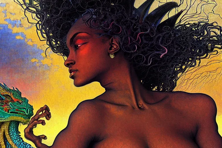 Prompt: realistic extremely detailed closeup portrait painting of a beautiful black woman, mutant dragon and a single old house on background by Jean Delville, Amano, Yves Tanguy, Ilya Repin, Alphonse Mucha, Ernst Haeckel, Edward Robert Hughes, Roger Dean, rich moody colours
