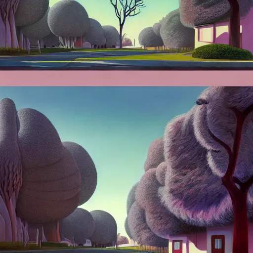 Prompt: pop-surrealist city painting, octane render, unreal engine, trees and pines everywhere, very nice pastel colors, lights and shadows, glowing hot sun, very coherent, Houdini algorithmic generative art, painted by Edward Hopper, Wayne Barlowe, painted by James Gilleard, airbrush, art by WLOP, artgerm and James Jean