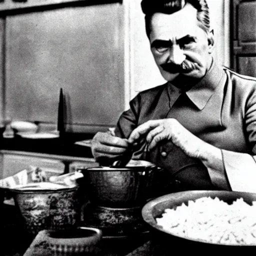 Image similar to Beautiful Food photography of Joseph Stalin Joseph Stalin in the kitchen making Gulash