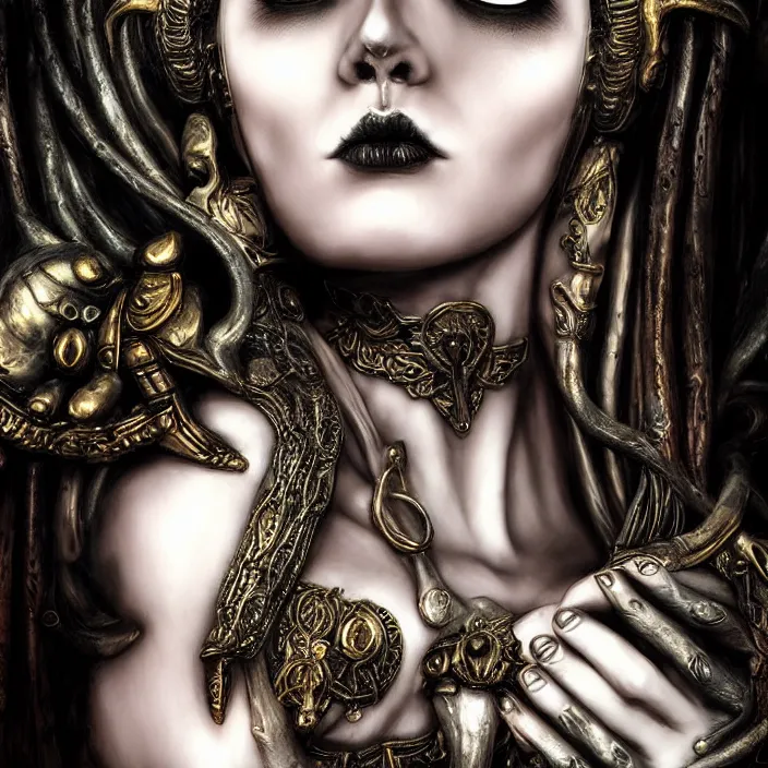 Image similar to perfectly centered portrait, close up, candid photography, goddess of death, by anne stokes, updo, highly detailed