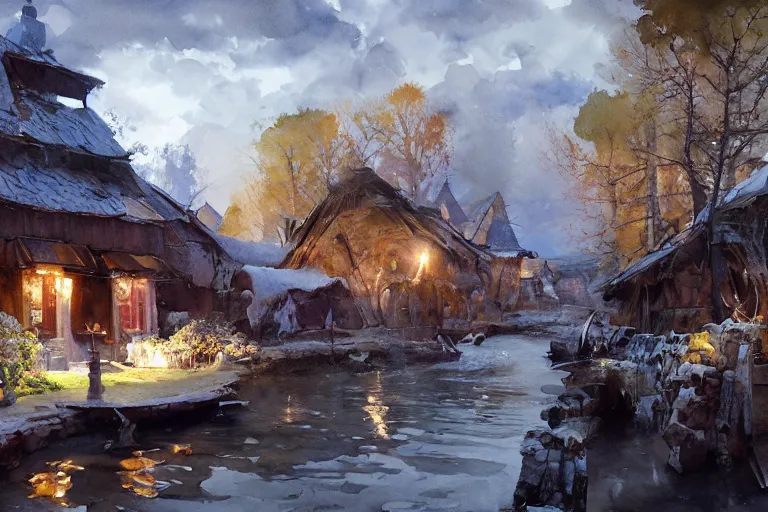 Prompt: watercolor painting of rustic village, ambient lighting and shadows, art by hans dahl, by jesper ejsing, art by anders zorn, wonderful masterpiece by greg rutkowski, cinematic light, american romanticism by greg manchess, creation by tyler edlin