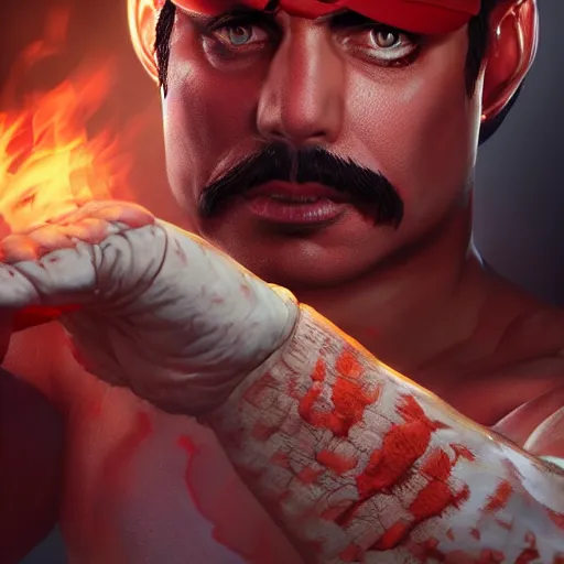 Image similar to freddy mercury as ryu street fighter, full body shot, face detail, ultra realistic, concept art, intricate details, highly detailed, photorealistic, octane render, 8 k, unreal engine, art by frank frazetta, simon bisley, brom