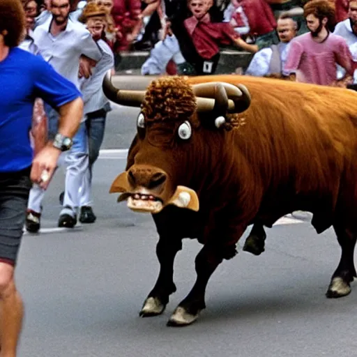 Prompt: screaming bob ross running from a bull in pamplona spain