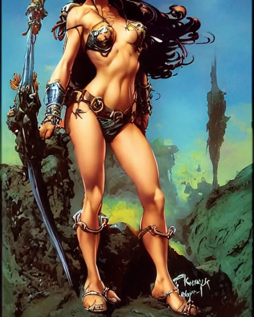 Image similar to a cute fantasy girl by frank frazetta, larry elmore, jeff easley and ross tran