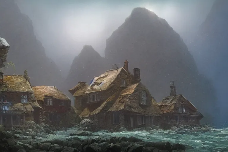 Image similar to submerged underwater!!!! of the ocean, a typical european house with a slate roof, school of fishes, scenic view, matte painting by christophe vacher and hubert robert, trending on artstation