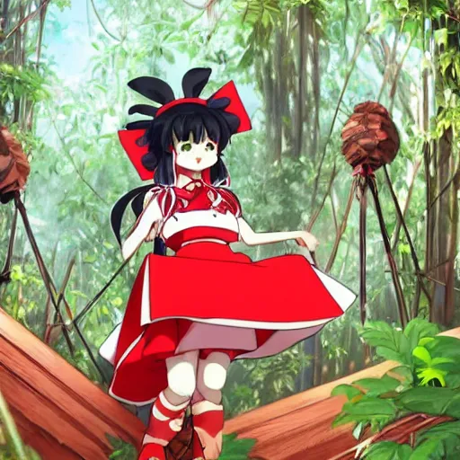 Image similar to a genga of reimu in the jungle wearing bonnet