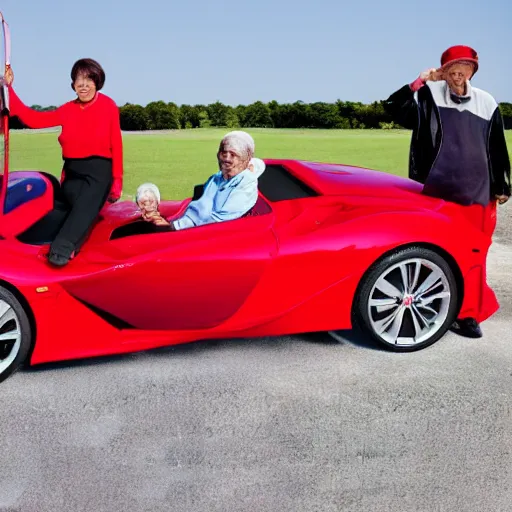 Prompt: 0 8 s photo of elder couple, pose like the super models in the paddle field with red super car,