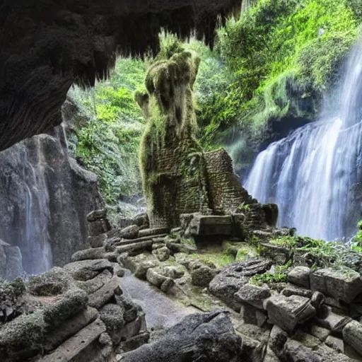 Image similar to ancient ruins and waterfalls in the interior of a cave