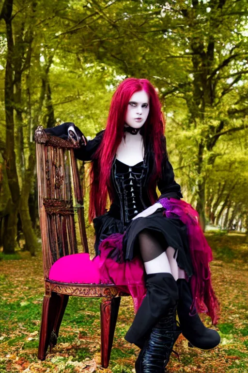 Image similar to full - length photo, young woman, sitting on chair, gothic clothes, 4 k, colourful