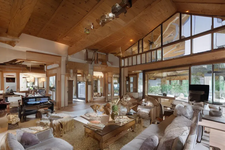 Image similar to luxurious wooden cottage, modern Japanese living room, Japanese flower arrangements, high-tech devices, fireplace, coherent composition, architecturally accurate, architecture photography