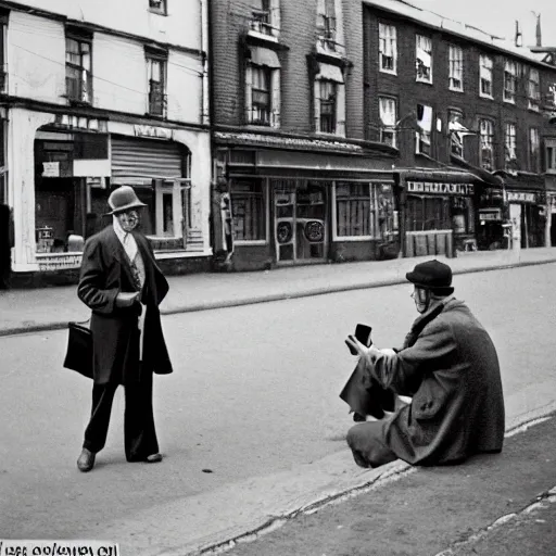 Image similar to man texting on his mobile phone while walking on the street, old 1940s photo, black and white, 60mm