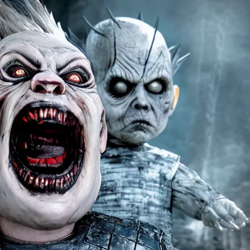 Image similar to screaming chucky doll as the white walkers on game of thrones octane render