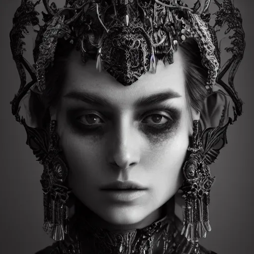 Image similar to a portrait of female model by stefan geselle and nekro borja, photorealistic, intricate details, hyper realistic, dark fantasy, ornate headpiece, dark beauty, photorealistic, canon r 3, photography, wide shot, photography, dark beauty, symmetrical features, unreal engine