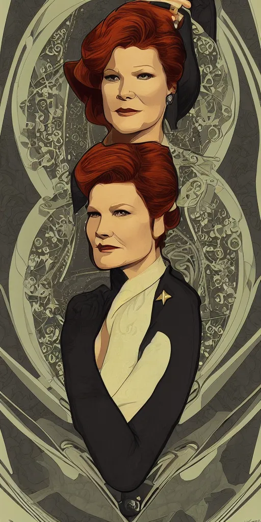 Image similar to star trek Captain Kathryn Janeway art nouveau, amazing details, intricate details ,digital art , illustration, digital painting, trending on artstation, in the style of Alphonse Mucha,