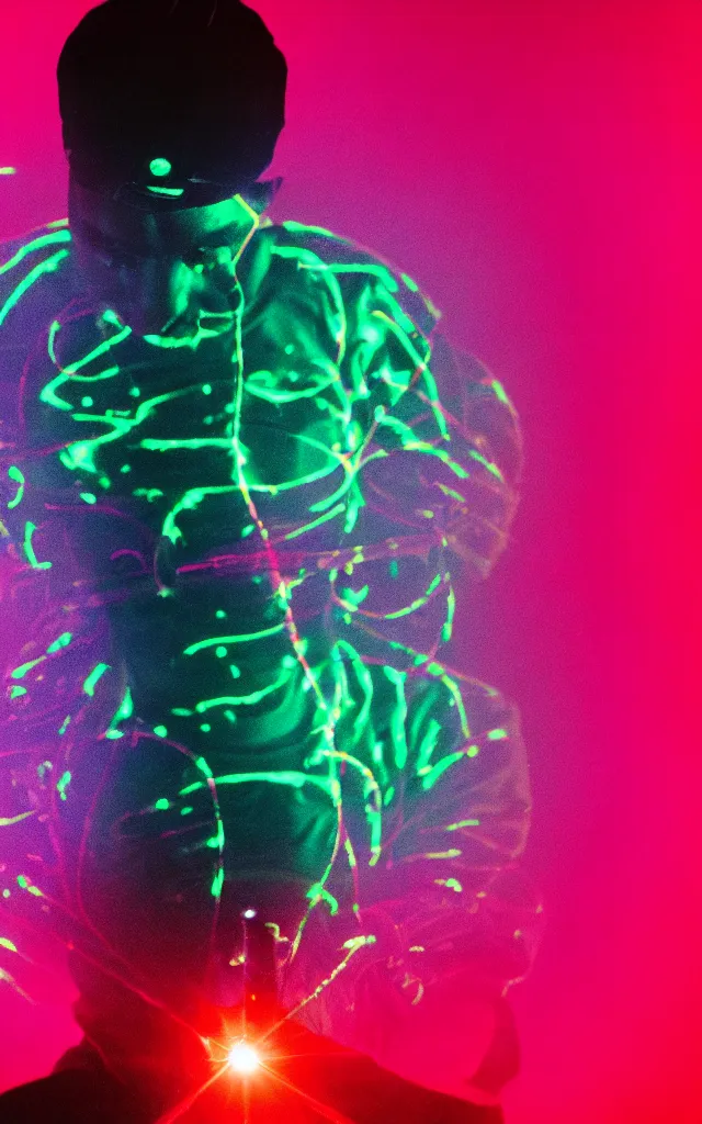 Image similar to man holding a microphone and rapping, epic pose, medium close-up, silhouetted, distinct figure, psychedelic hip-hop, laser light show, fog, beams of light