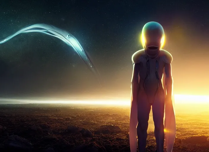 Image similar to closeup of an alien with beautiful glowing eyes, beautiful strange skin, wearing a long flowing cloth shirt over stylish large futuristic golden armor suit walking to an outpost with tall buildings and lights in the background, night sky with stars, beautiful colorful, incredible detail, anamorphic 2 0 mm lens cinematic flare