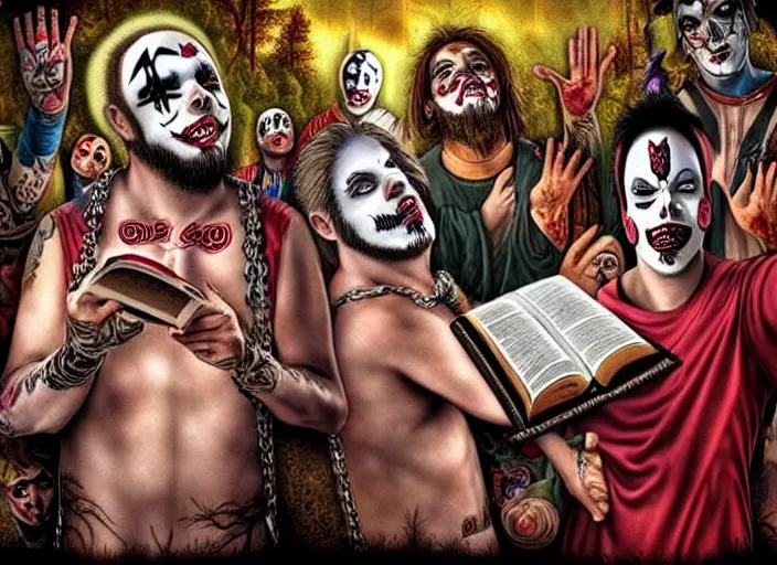 Image similar to Juggalos reading the bible, photo realistic, 8k, detailed,