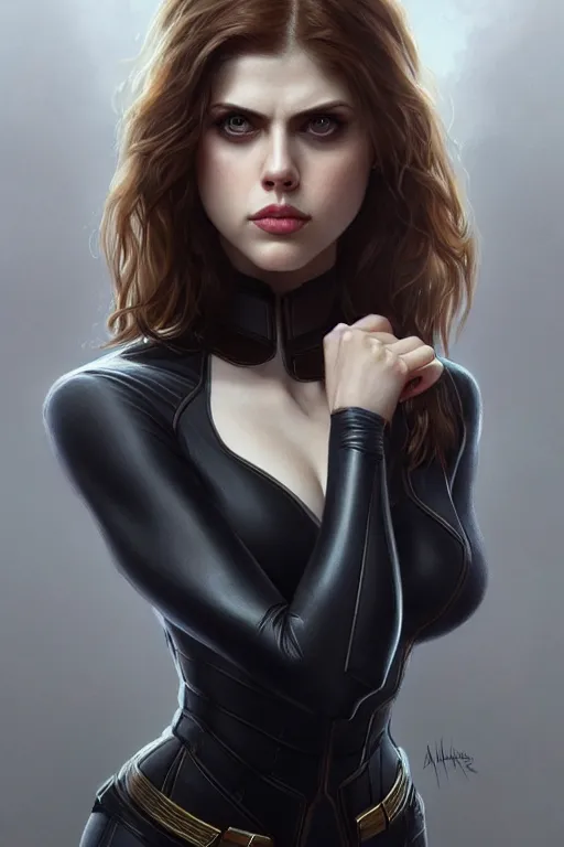 Prompt: alexandra daddario as black widow, realistic portrait, symmetrical, highly detailed, digital painting, artstation, concept art, smooth, sharp focus, illustration, cinematic lighting, art by artgerm and greg rutkowski and alphonse mucha