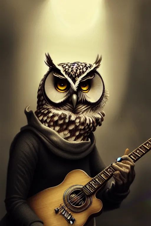 Prompt: portrait of an anthropomorphic owl playing the guitar, dramatic lighting, highly detailed, digital painting, artstation, concept art, smooth, sharp focus, illustration, art by wlop, mars ravelo and greg rutkowski