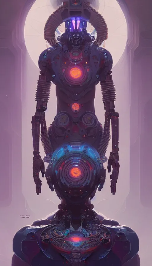 Image similar to Character design of a scifi psychedelic robot shaman, symmetrical, center punched, Archviz, elegant, intricate, digital painting, artstation, concept art, smooth, sharp focus, illustration, art by artgerm and greg rutkowski and alphonse mucha