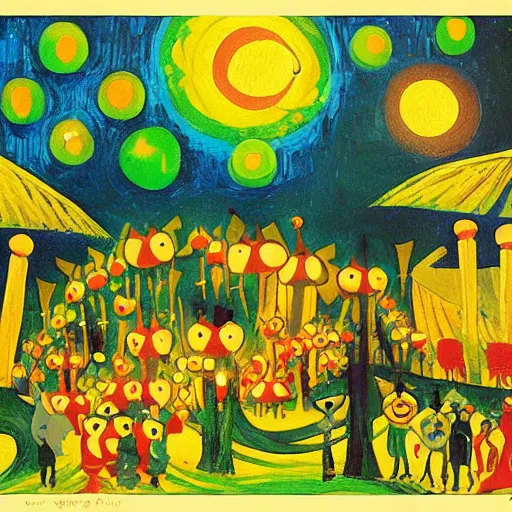 Image similar to detailed painting of cats and caterpillars at a carnival at night watching paper lanterns, in the style of eyvind earle and vincent van gogh