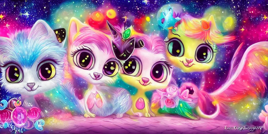 Prompt: 3 d littlest pet shop cat, lacey accessories, glittery wedding, ice cream, gothic, raven, rainbow, smiling, forest, moon, stars, master painter and art style of noel coypel, art of emile eisman - semenowsky, art of edouard bisson