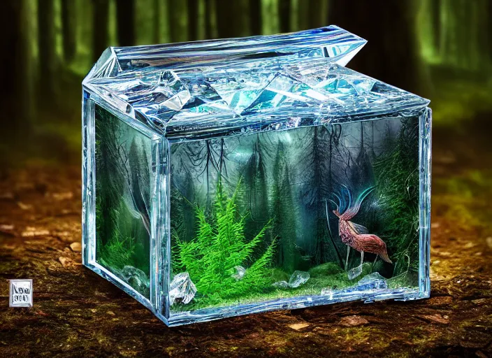 Prompt: photo of a crystal box with wonders inside in the forest. Fantasy horror style. Highly detailed 8k. Intricate. Nikon d850 55mm. Award winning photography.