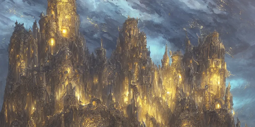 Image similar to rendered ominous ornate obsidian castle with gold filigree on high cliffs with rivers and waterfalls of glowing melted gold. by krenz cushart and by magali villeneuve. power and beauity.