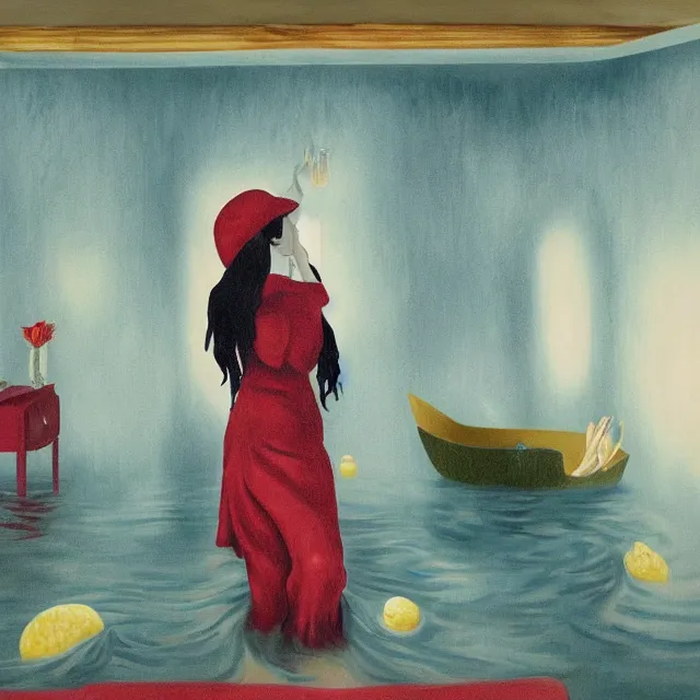 Image similar to tall female emo artist in her flooded kitchen, water gushing from ceiling, painting of flood waters inside an artist's home, a river flooding indoors, pomegranates, pigs, ikebana, zen, water, octopus, river, rapids, waterfall, black swans, canoe, berries, acrylic on canvas, surrealist, by magritte and monet