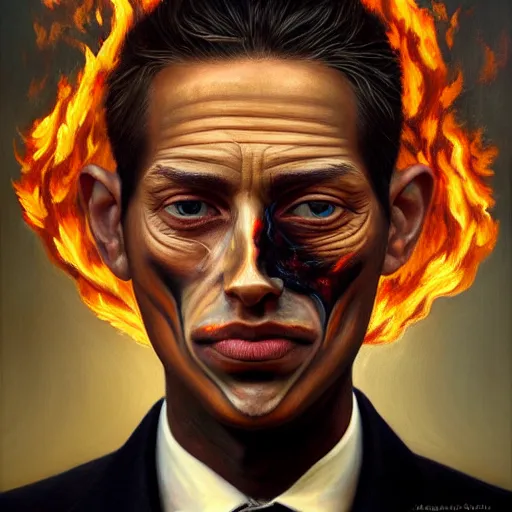 Prompt: a hyper realistic painting of a patient young man in a burning business suit, cloth is burning, full body painting, long shot, coherent symmetrical eyes, calm face, by jeffrey smith, by andrea kowch, by steve henderson, masterpiece, trending on artstation,