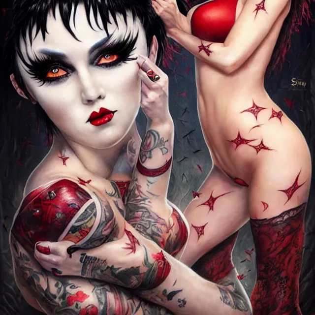 Image similar to two beautiful girls fighting in elvira cosplay with black hair in fully tattooed body and fishnet clothes fully on, beautiful detailed face, white face makeup, big red lips, black eye makeup, art by wlop and karol bak and gennady ulybin and stanley lau and artgem and magali villeneuve