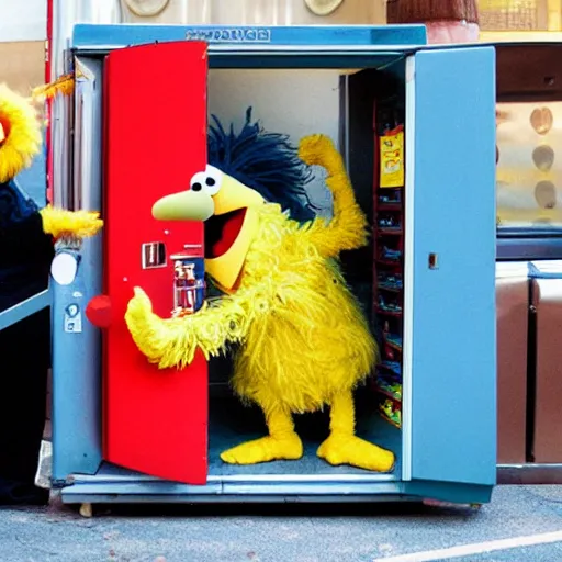 Image similar to big bird sesame street running from the police carrying a fridge