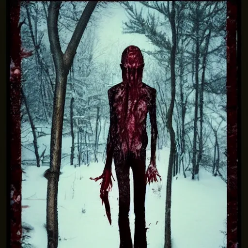 Prompt: blood soaked skinwalker, lanky, skinny, pale skin, snow, forest, dark, horrifying