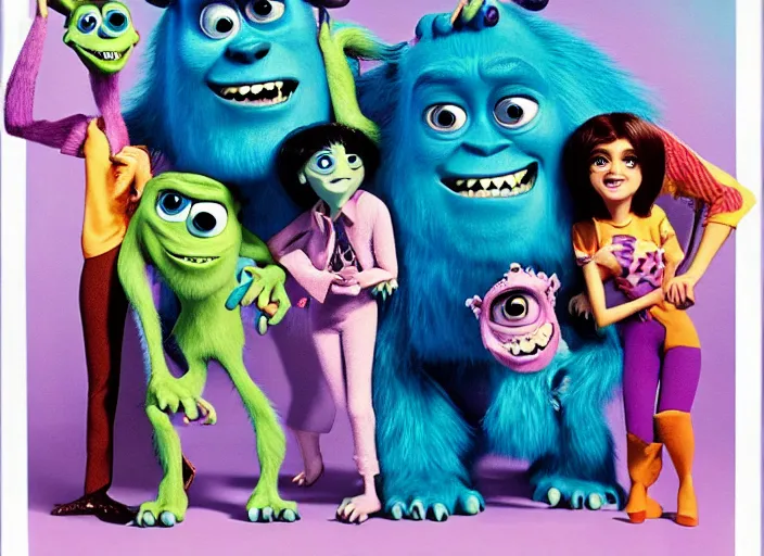 Image similar to monsters inc 1 9 8 0 s pop band, detailed facial expression, surrealism aesthetic