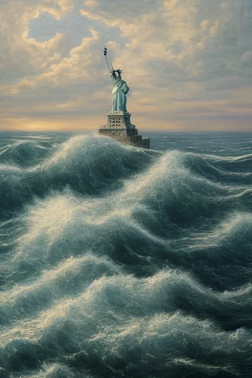 Image similar to the largest ocean wave in the world is about to hit the statue of liberty, oil on canvas, intricate, 8 k highly professionally detailed, hdr, cgsociety