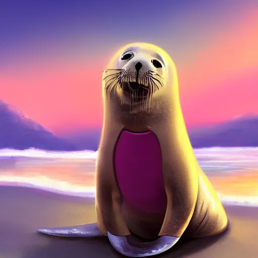 Prompt: a concept art of a sappy seal, happy, dressed in a pink dress, golden hour, beautiful, artstation trending, matte painting, 8 k